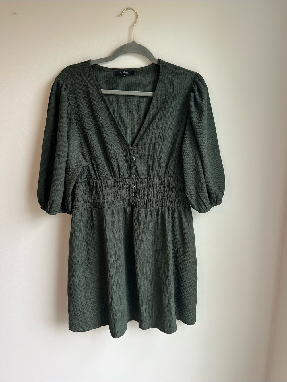 Olive Green V-Neck Smocked Waist Dress